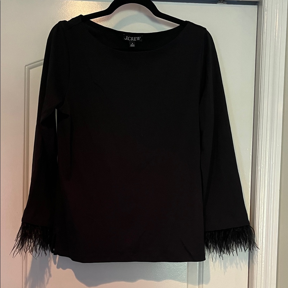 J. Crew Black Long Sleeve Top with Feather Trim